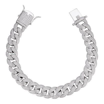 HarlemBling Flat Miami Cuban Link Bracelet Iced Out CZ Stones - 925 Silver - 12mm - 7-9"