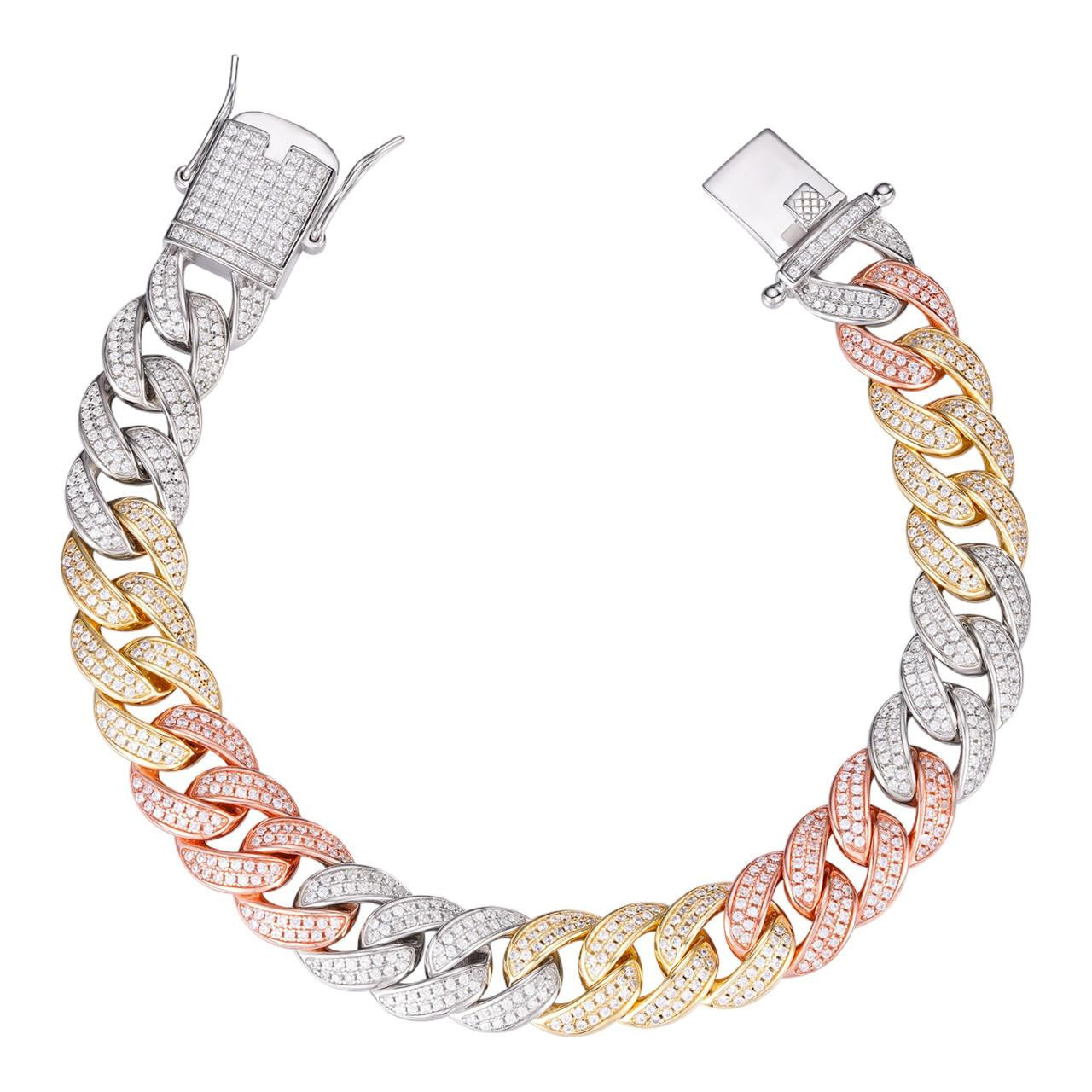 HarlemBling Flat Miami Cuban Link Bracelet Iced Out CZ Stones - Tricolor 14k Yellow & Rose Gold Vermeil & 925 Silver - 12mm - 7"-9"