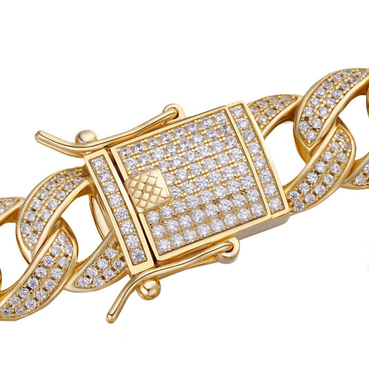 HarlemBling Flat Miami Cuban Link Chain Necklace Iced Out CZ Stones -14k Gold Vermeil & 925 Silver - 12mm - 18-30"