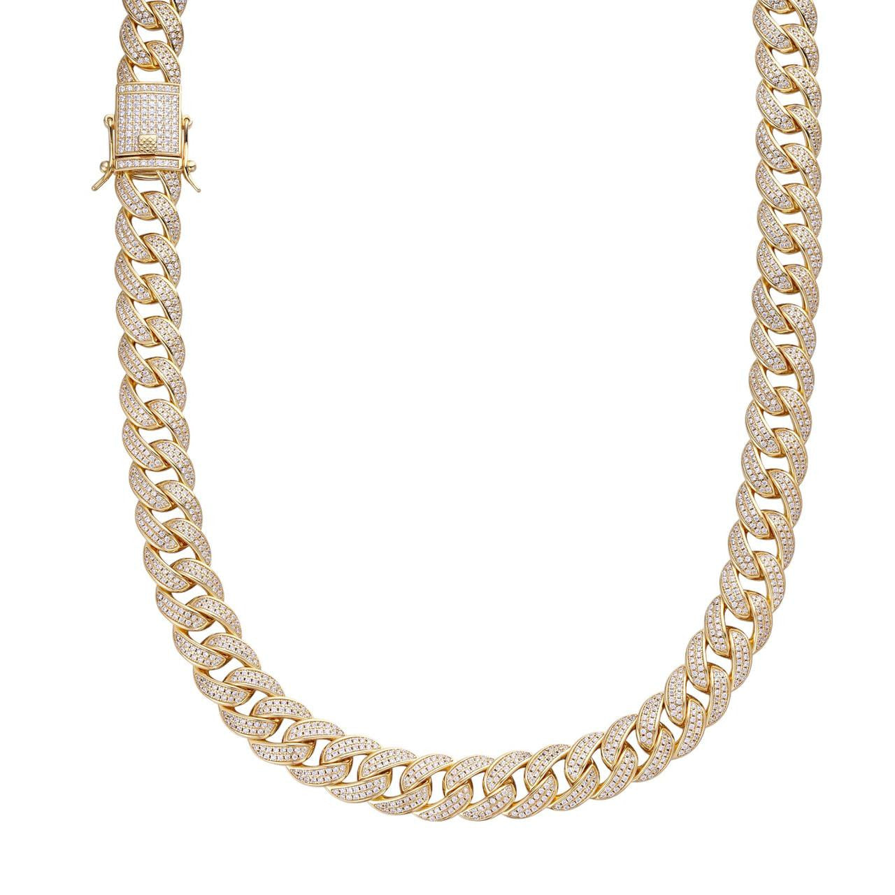 HarlemBling Flat Miami Cuban Link Chain Necklace Iced Out CZ Stones -14k Gold Vermeil & 925 Silver - 12mm - 18-30"