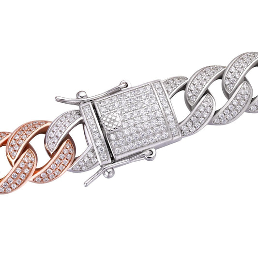 HarlemBling Flat Miami Cuban Link Chain Necklace Iced Out CZ Stones - Tricolor 14k Yellow & Rose Gold Vermeil & 925 Silver - 12mm - 18-30"