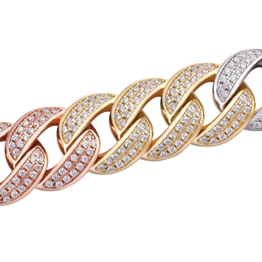 HarlemBling Flat Miami Cuban Link Chain Necklace Iced Out CZ Stones - Tricolor 14k Yellow & Rose Gold Vermeil & 925 Silver - 12mm - 18-30"