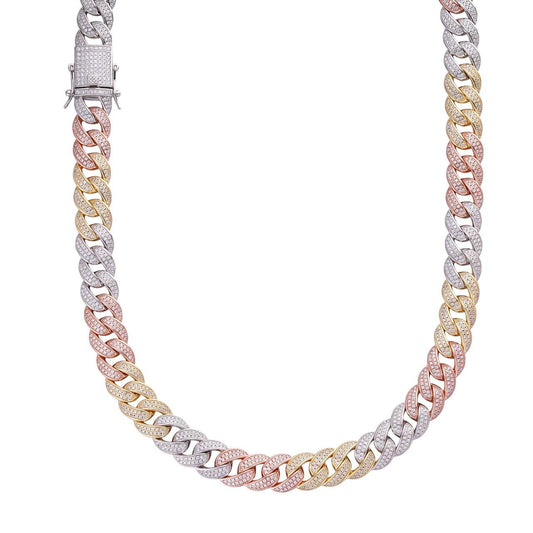 HarlemBling Flat Miami Cuban Link Chain Necklace Iced Out CZ Stones - Tricolor 14k Yellow & Rose Gold Vermeil & 925 Silver - 12mm - 18-30"