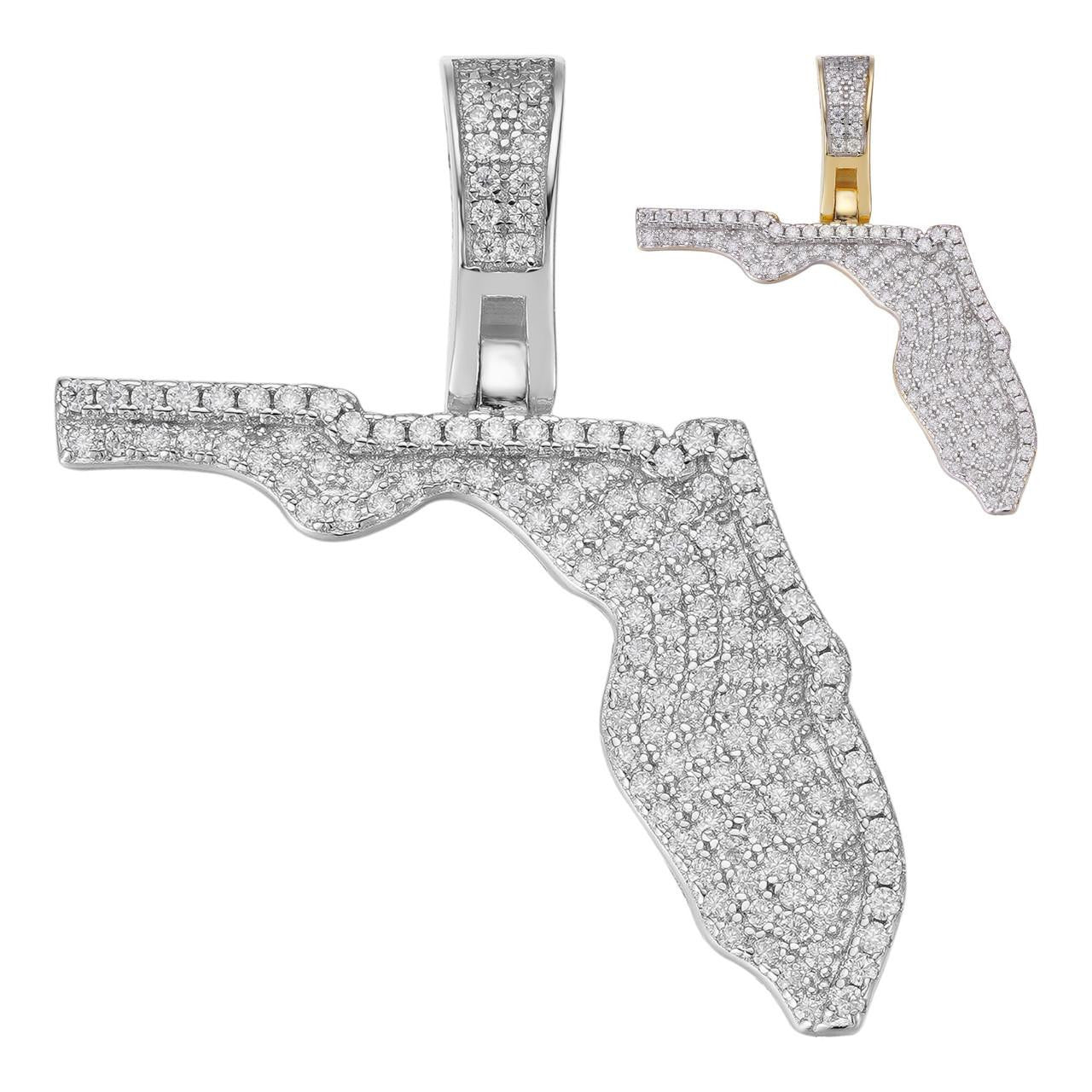 HarlemBling Florida State Shape Iced Out Pendant - 14k Gold Vermeil Or 925 Silver - CZ Stones - Small 1.5"