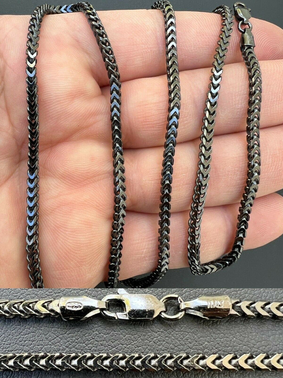 HarlemBling Franco Chain 2.5mm Necklace Black Oxidized Rhodium Over Real 925 Sterling Silver