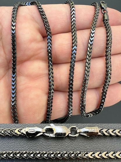 HarlemBling Franco Chain 2.5mm Necklace Black Oxidized Rhodium Over Real 925 Sterling Silver