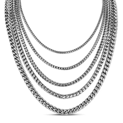 HarlemBling Franco Chain Necklace - 14k White Gold Plated Stainless Steel - 18"-30" - 3mm-8mm