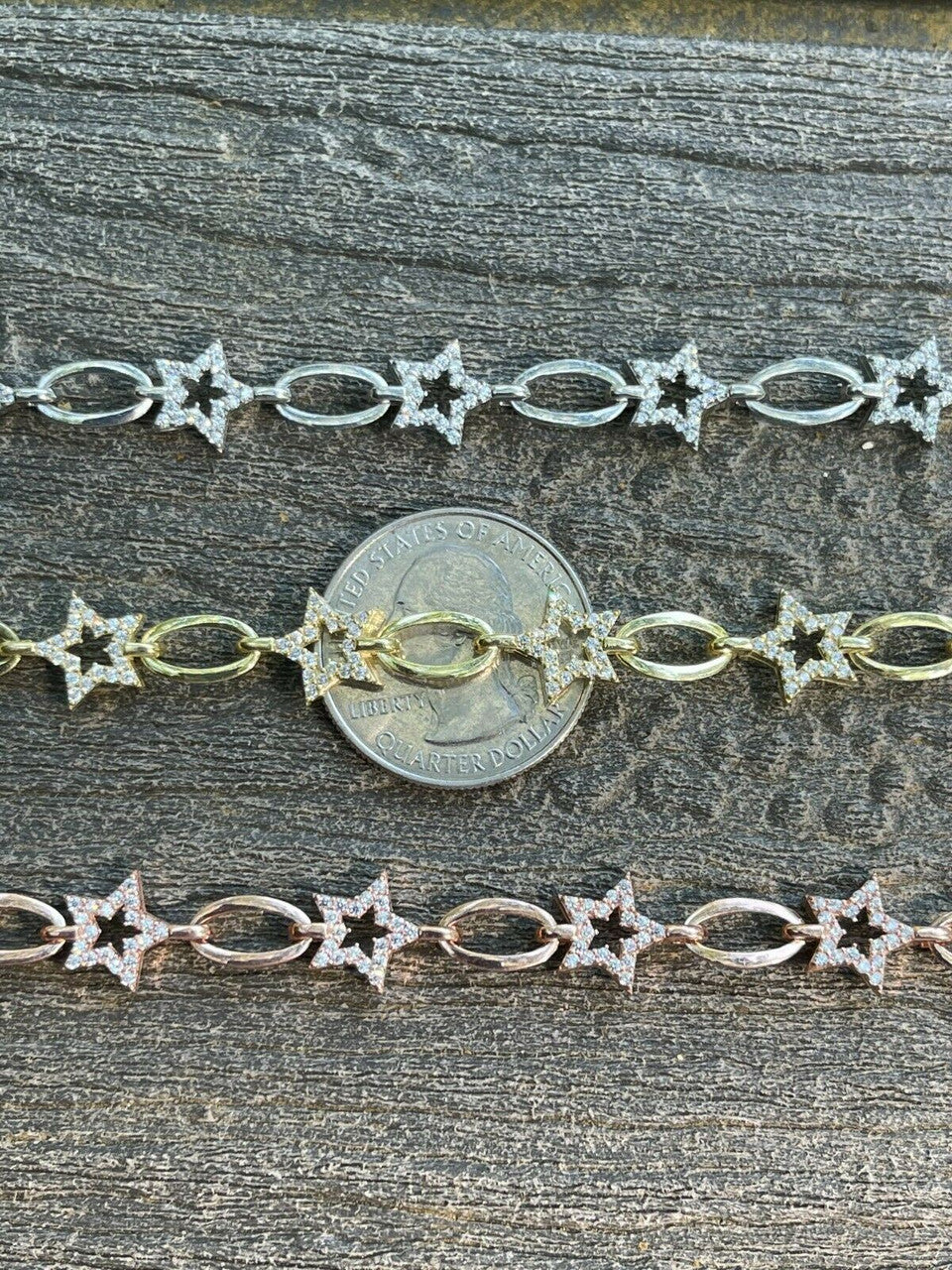 HarlemBling Girls Womens Real 925 Sterling Silver / Yellow Rose Rolo Star Charm Bracelet