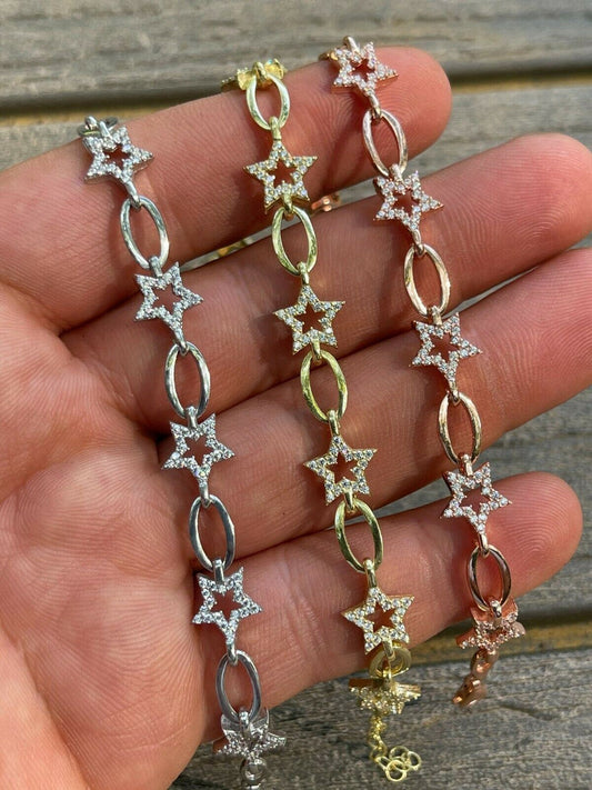 HarlemBling Girls Womens Real 925 Sterling Silver / Yellow Rose Rolo Star Charm Bracelet