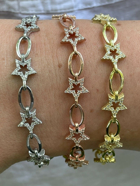 HarlemBling Girls Womens Real 925 Sterling Silver / Yellow Rose Rolo Star Charm Bracelet
