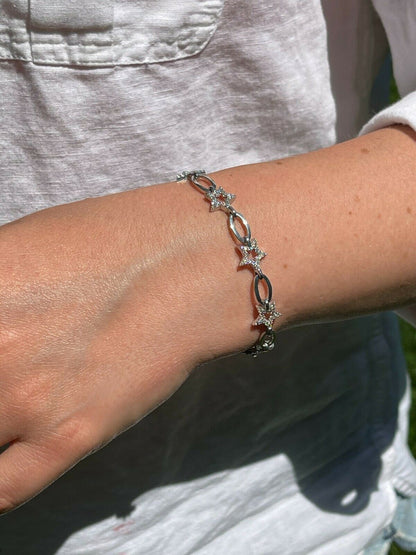 HarlemBling Girls Womens Real 925 Sterling Silver / Yellow Rose Rolo Star Charm Bracelet