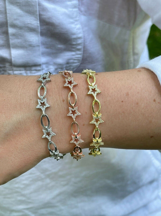 HarlemBling Girls Womens Real 925 Sterling Silver / Yellow Rose Rolo Star Charm Bracelet