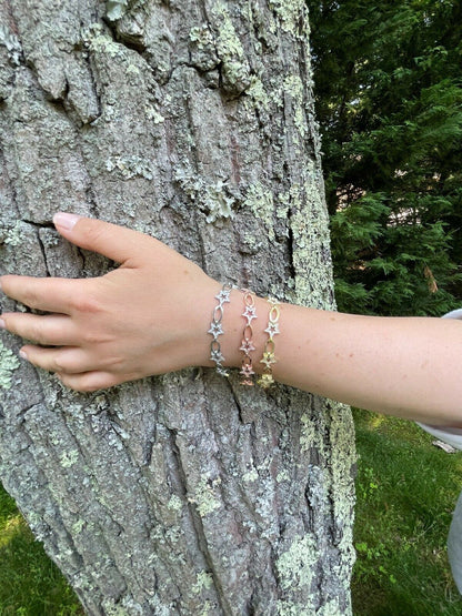 HarlemBling Girls Womens Real 925 Sterling Silver / Yellow Rose Rolo Star Charm Bracelet