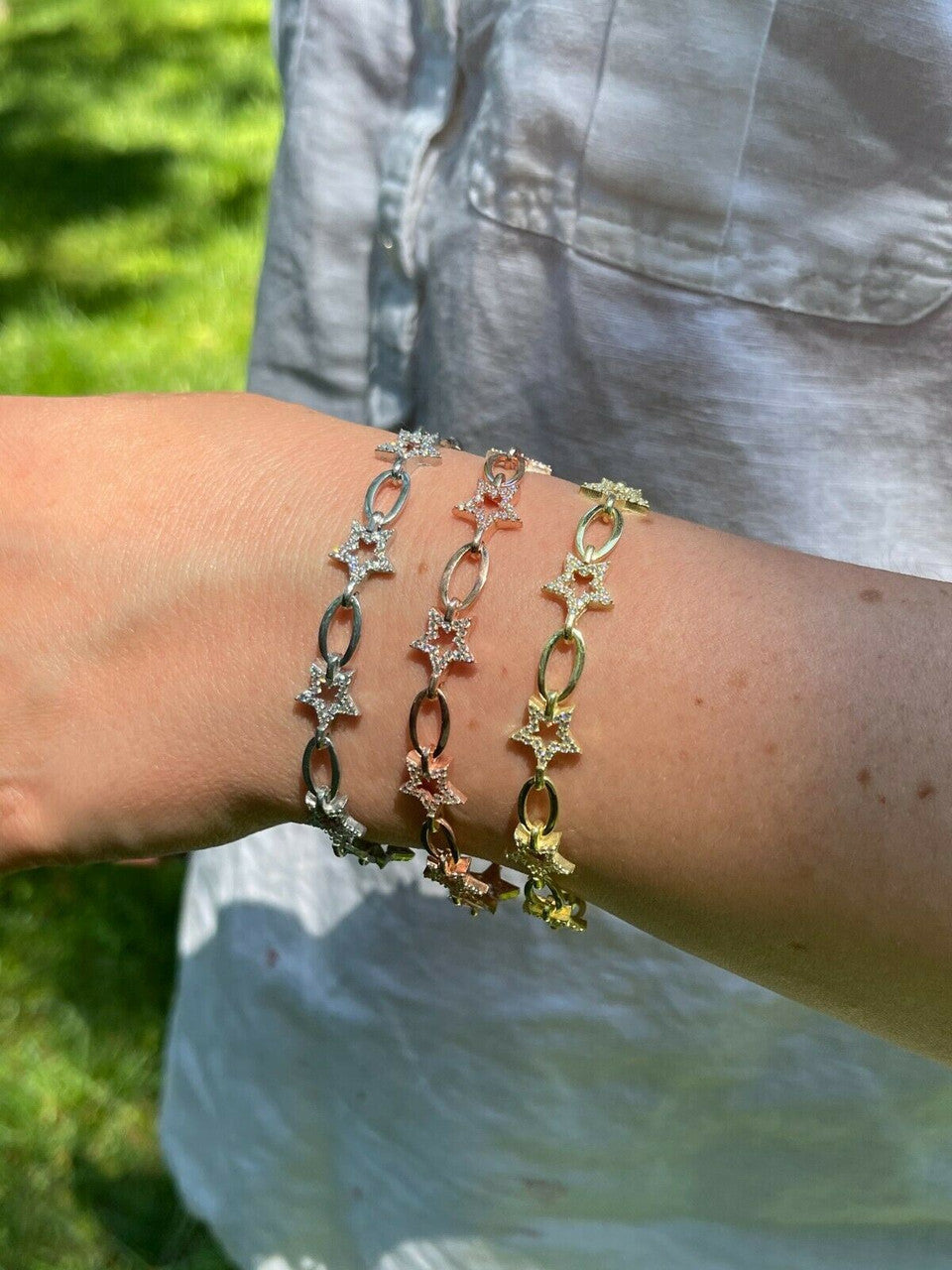 HarlemBling Girls Womens Real 925 Sterling Silver / Yellow Rose Rolo Star Charm Bracelet