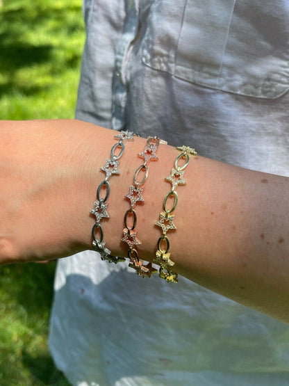 HarlemBling Girls Womens Real 925 Sterling Silver / Yellow Rose Rolo Star Charm Bracelet