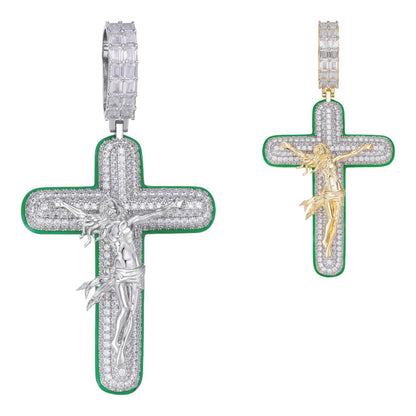 HarlemBling Glow In Dark Cross W. Jesus Iced Pendant - 14k Gold Vermeil Or 925 Silver - CZ Stones - Huge 3.5"