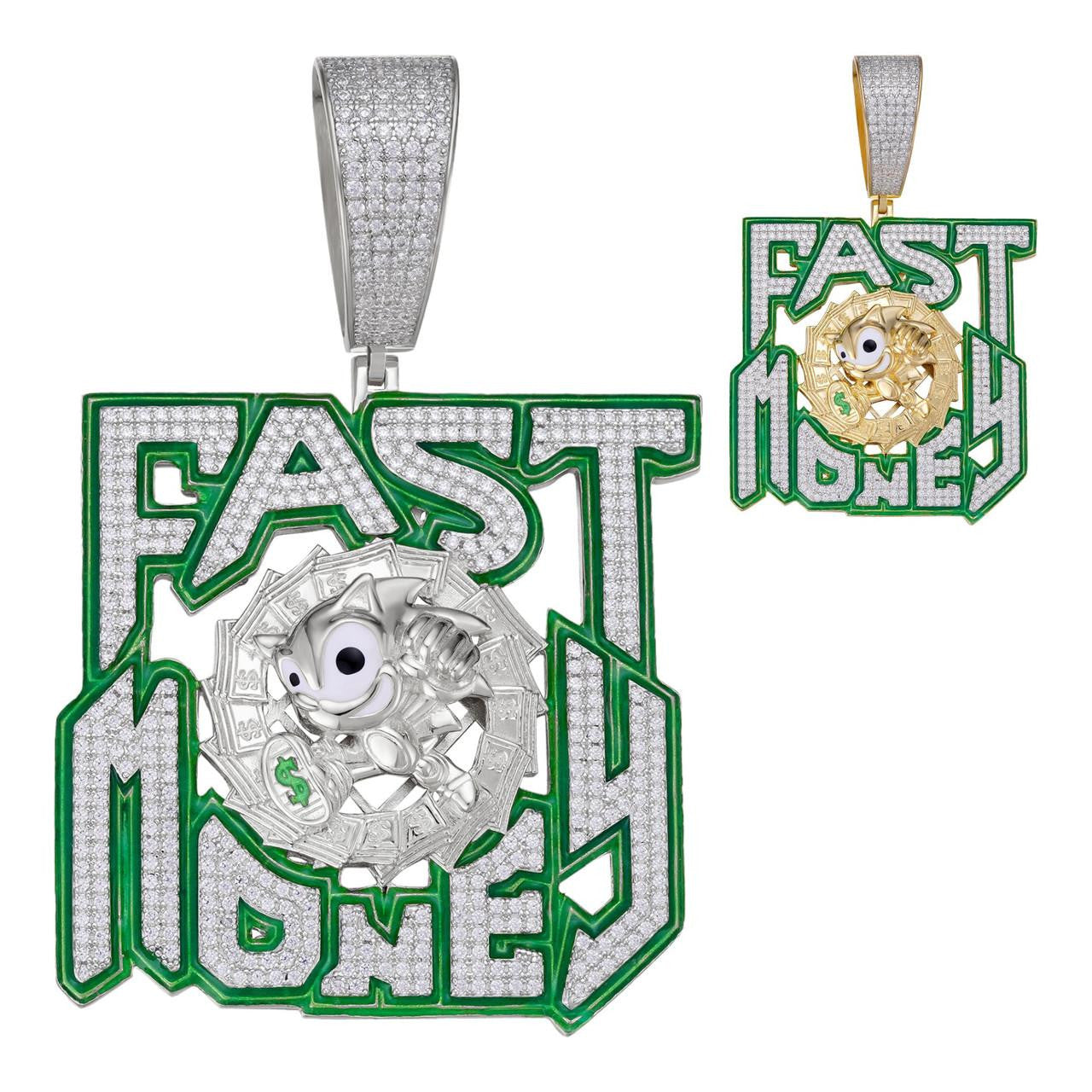 HarlemBling Glow In Dark FAST MONEY Sonic Pendant - 14k Gold Vermeil Or 925 Silver - CZ Stones - Huge 3.5"