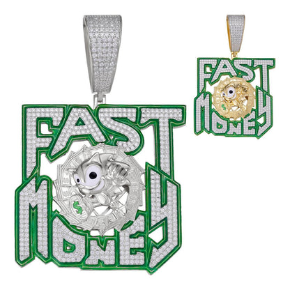 HarlemBling Glow In Dark FAST MONEY Sonic Pendant - 14k Gold Vermeil Or 925 Silver - CZ Stones - Huge 3.5"