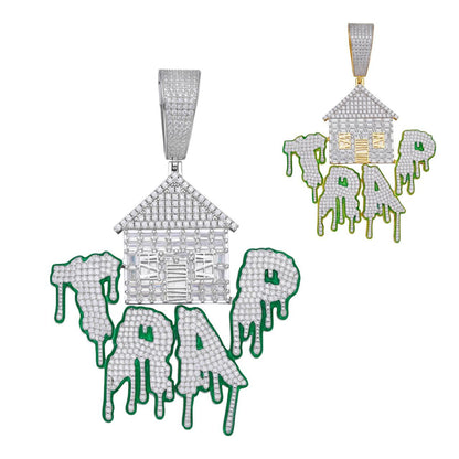 HarlemBling Glow In Dark HOUSE TRAP Hip Hop Pendant - 14k Gold Vermeil Or 925 Silver - CZ Stones - Huge 4"