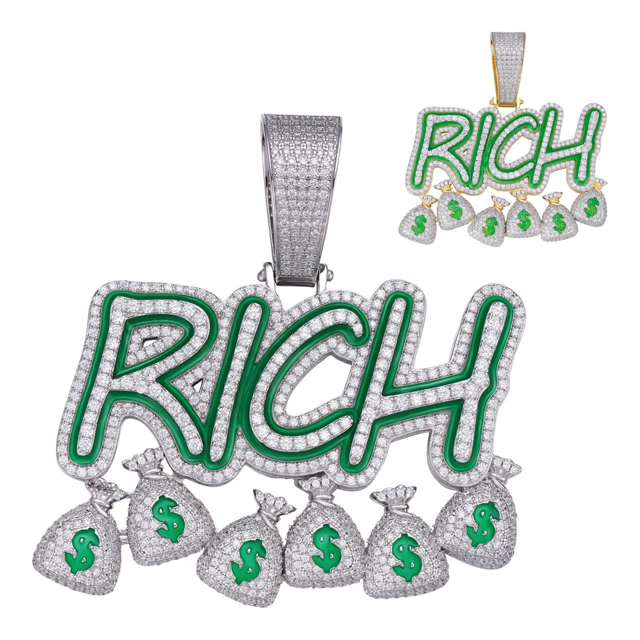 HarlemBling Glow In Dark RICH Money Bag $ Hip Hop Pendant - 14k Gold Vermeil Or 925 Silver - CZ Stones - Large 3"