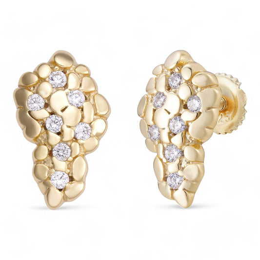 HarlemBling Gold Nugget W. Ice Earrings - 14k Gold Vermeil 925 Silver - CZ Stones - 10x16mm