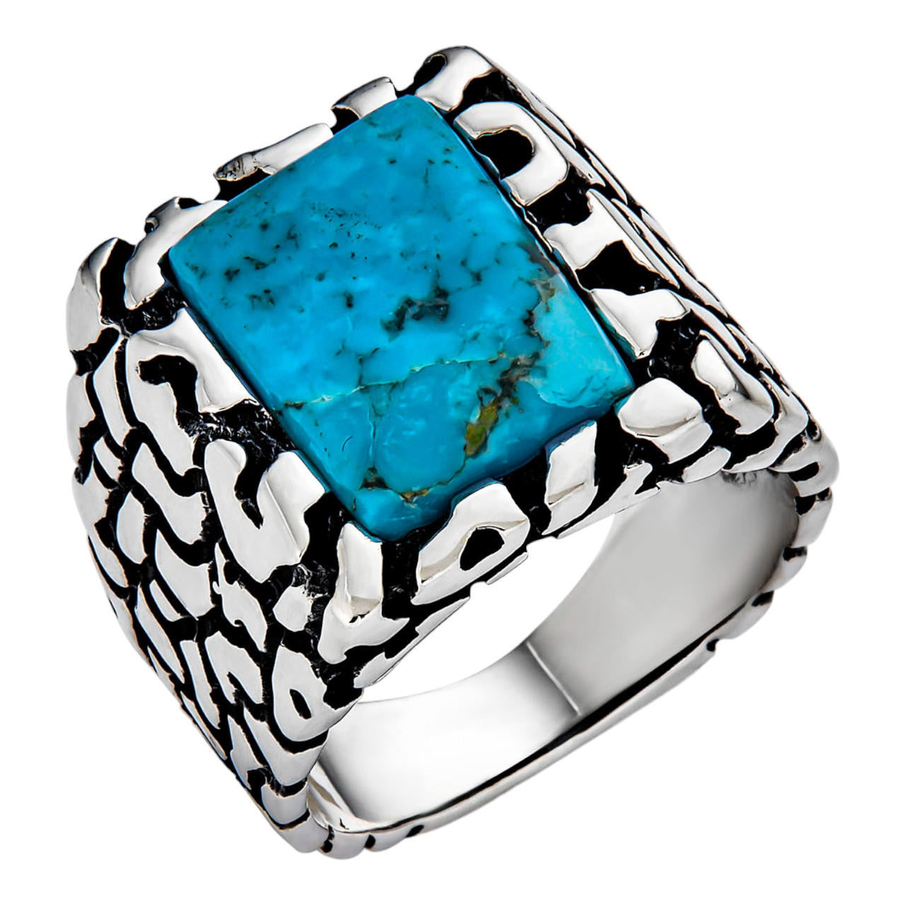 HarlemBling Goldminer's Nugget Ring - 925 Silver Oxidized - Genuine Blue Turquoise Stone
