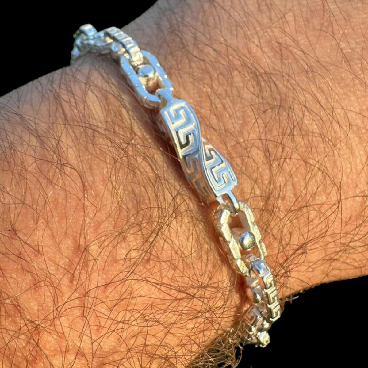 Real 7mm 925 Sterling Silver Custom Greek Key Anchor Rolo Link