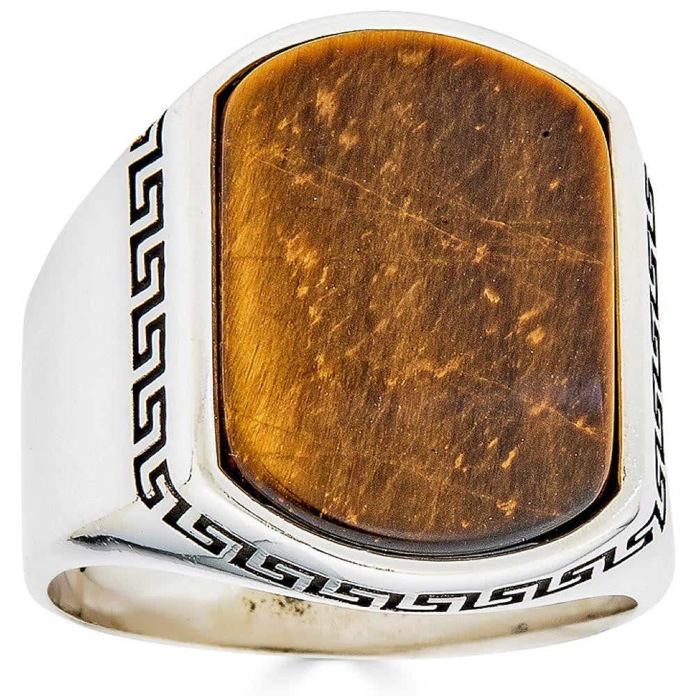 HarlemBling Greek Key Ring - 925 Silver - Genuine Tiger's Eye Stone