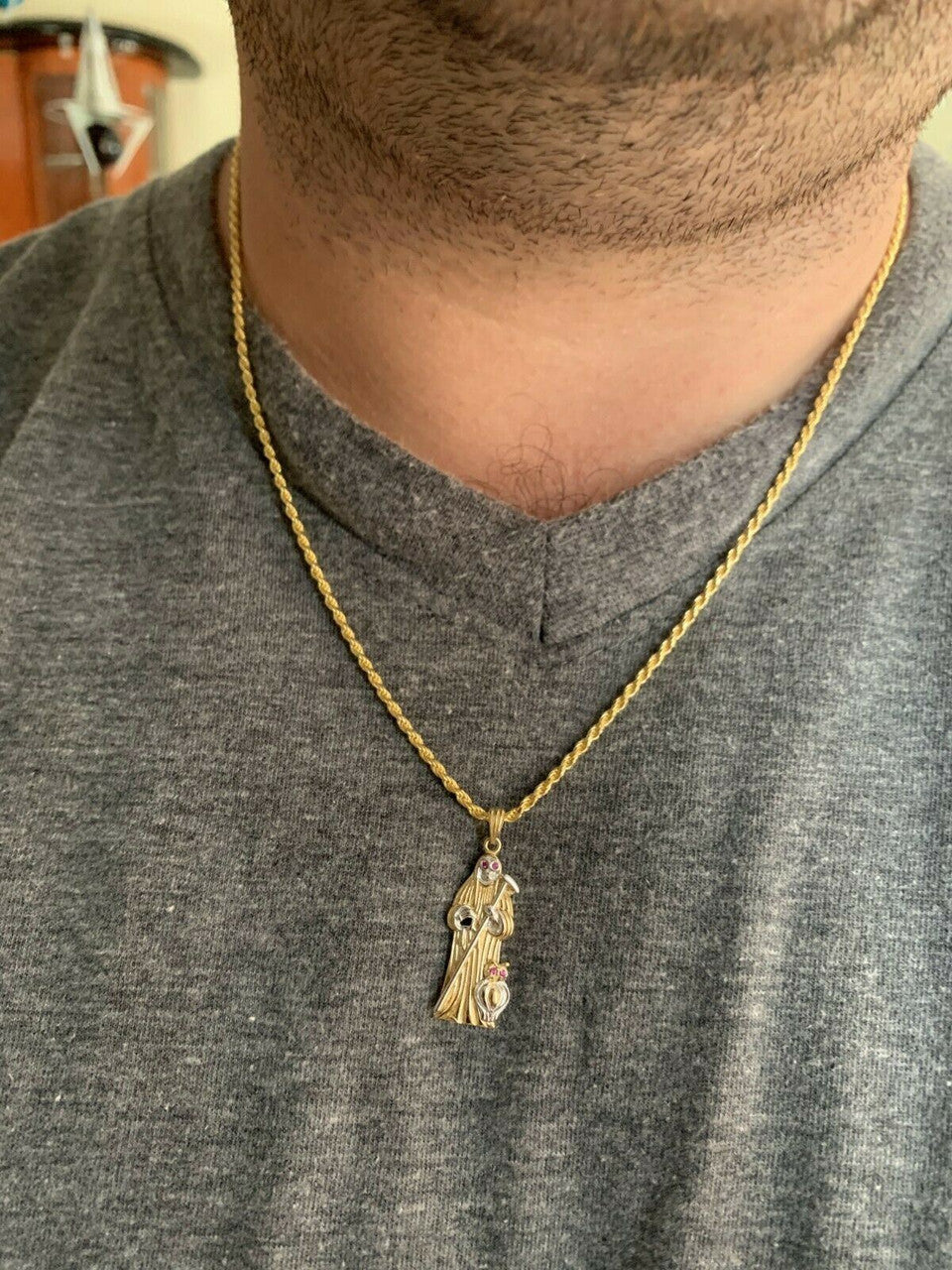 HarlemBling Grim Reaper Santa Muerte Death Pendant Real 14k Gold and Solid 925 Silver Italy