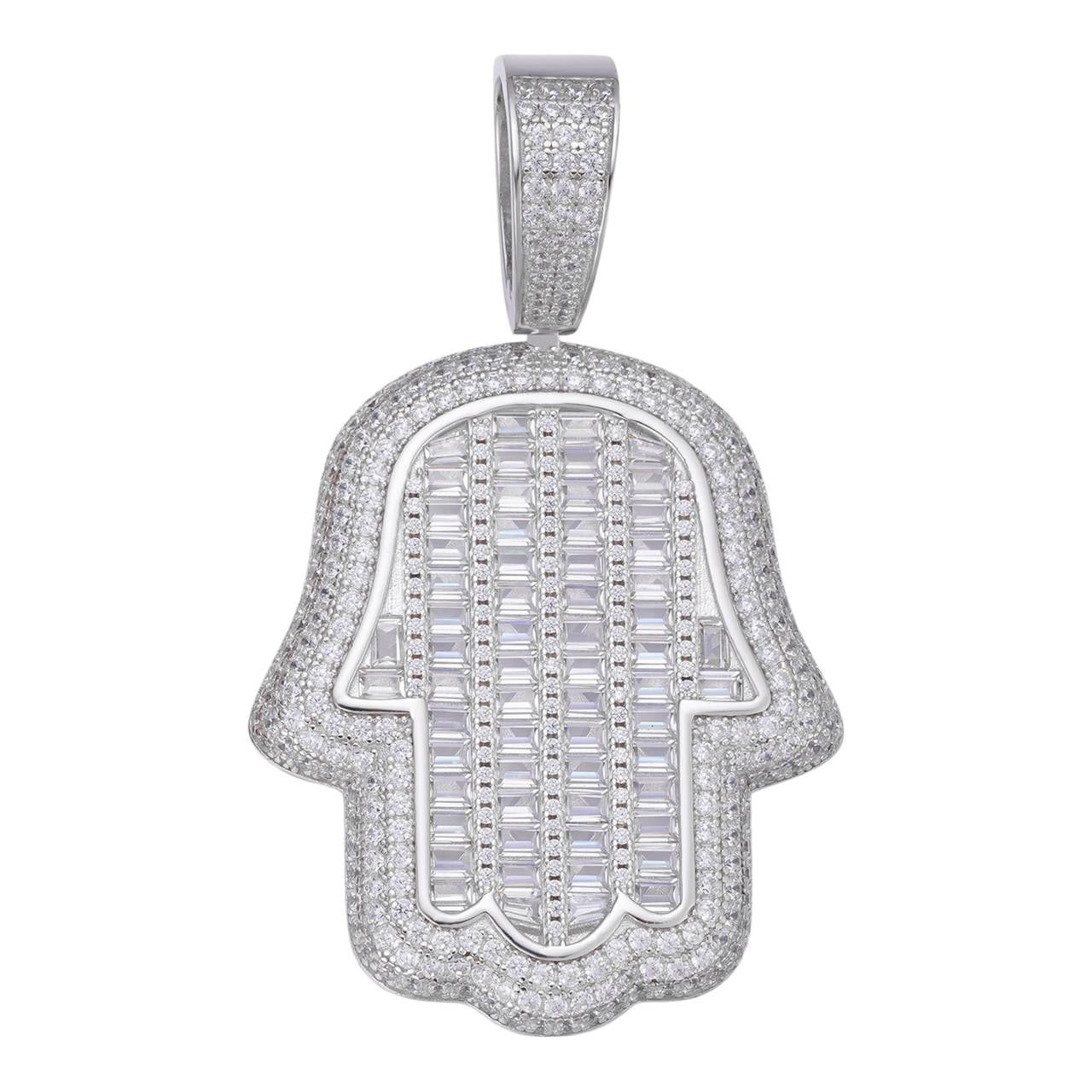 HarlemBling Hamsa Hand Iced Baguette Pendant - 925 Silver - CZ Stones - 3 Sizes 1.25"-3.25"