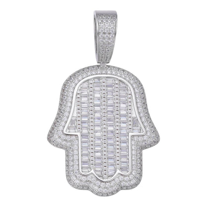HarlemBling Hamsa Hand Iced Baguette Pendant - 925 Silver - CZ Stones - 3 Sizes 1.25"-3.25"