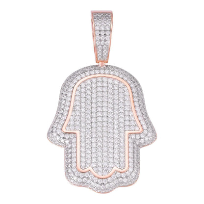 HarlemBling Hamsa Hand Iced Out Pendant - 14k Rose Gold Vermeil 925 Silver - CZ Stones - 3 Sizes 1.25"-3.25"