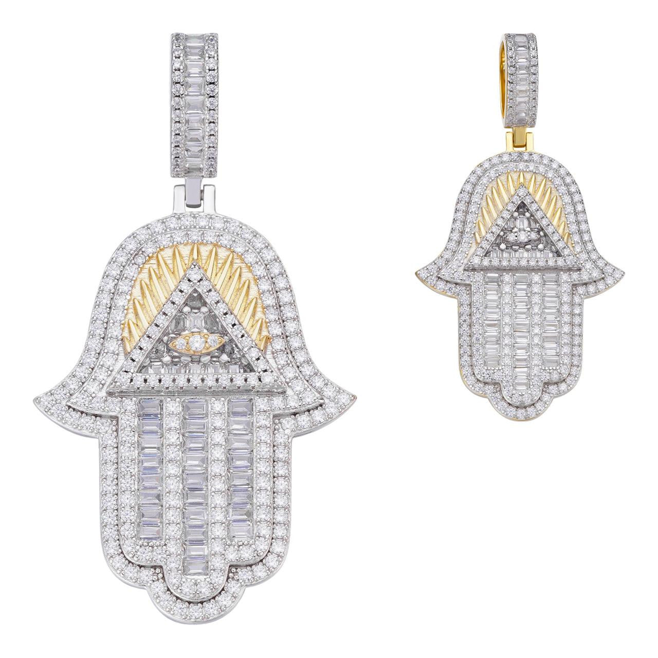HarlemBling Hamsa Hand Masonic Pyramid Iced Out Pendant - 14k Gold Vermeil Or 925 Silver - CZ Stones - Medium 2"