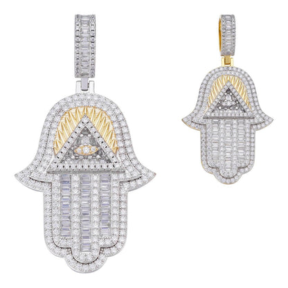 HarlemBling Hamsa Hand Masonic Pyramid Iced Out Pendant - 14k Gold Vermeil Or 925 Silver - CZ Stones - Medium 2"