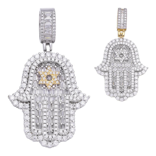 HarlemBling Hamsa Hand W. Star Of David Iced Out Pendant - 14k Gold Vermeil or 925 Silver - CZ Stones - Medium 2"