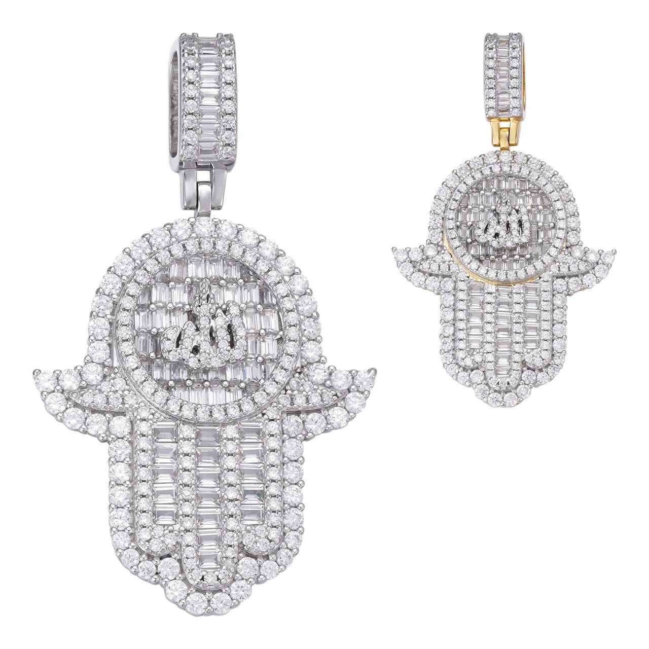 HarlemBling Hand Of Fatima W. Islamic Allah Sign Pendant - 14k Gold Vermeil Or 925 Silver - CZ Stones - Medium 2"