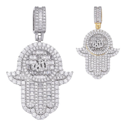 HarlemBling Hand Of Fatima W. Islamic Allah Sign Pendant - 14k Gold Vermeil Or 925 Silver - CZ Stones - Medium 2"