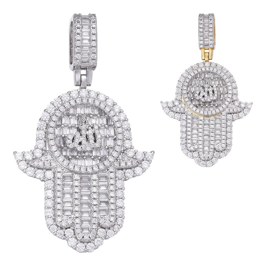 HarlemBling Hand Of Fatima W. Islamic Allah Sign Pendant - 14k Gold Vermeil Or 925 Silver - CZ Stones - Medium 2"