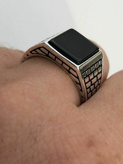 HarlemBling Handmade Real Solid 925 Sterling Silver Black Onyx Square Ring Sizes 7-13 Pinky