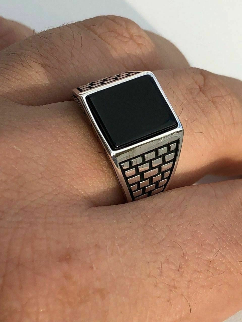 HarlemBling Handmade Real Solid 925 Sterling Silver Black Onyx Square Ring Sizes 7-13 Pinky