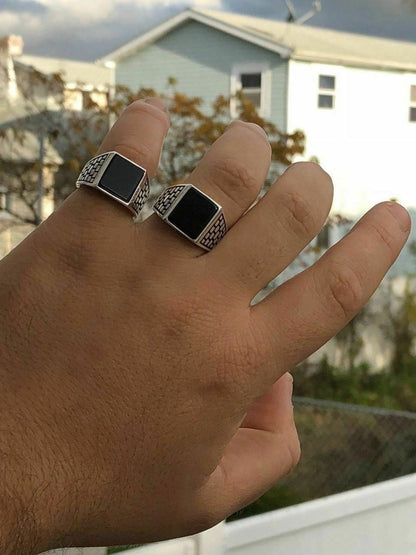 HarlemBling Handmade Real Solid 925 Sterling Silver Black Onyx Square Ring Sizes 7-13 Pinky