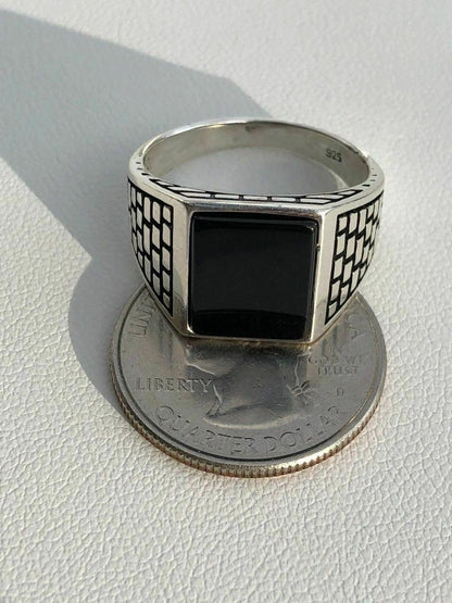 HarlemBling Handmade Real Solid 925 Sterling Silver Black Onyx Square Ring Sizes 7-13 Pinky