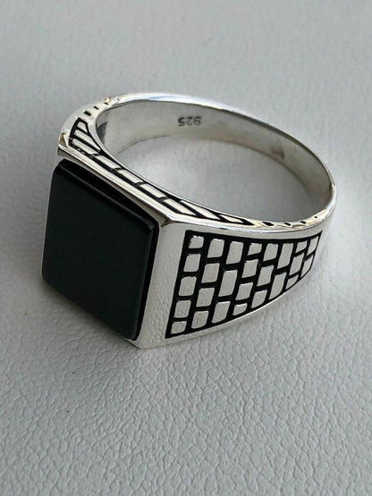 HarlemBling Handmade Real Solid 925 Sterling Silver Black Onyx Square Ring Sizes 7-13 Pinky