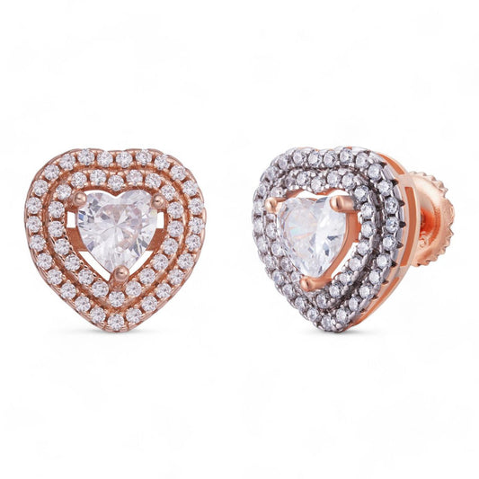 HarlemBling Heart Shaped Halo Earrings - 14k Rose Gold Vermeil 925 Silver - CZ Stones - 11.5mm