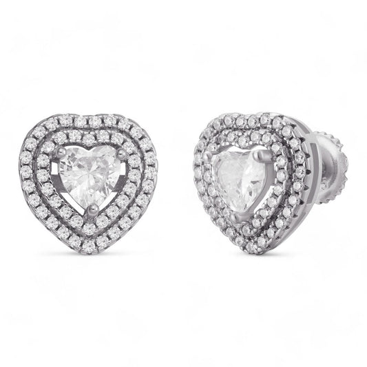 HarlemBling Heart Shaped Halo Earrings - 925 Silver - CZ Stones - 11.5mm