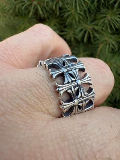 HarlemBling Hearts Chrome Cross Ring - 925 Silver Oxidized - Plain