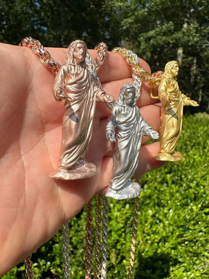 HarlemBling Heavy 3D Jesus Piece Real 925 Silver / 14k Yellow Rose Gold Pendant Necklace