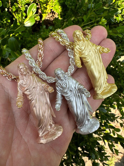 HarlemBling Heavy 3D Jesus Piece Real 925 Silver / 14k Yellow Rose Gold Pendant Necklace