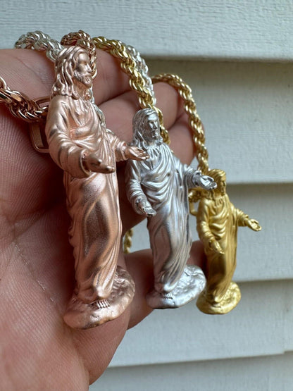 HarlemBling Heavy 3D Jesus Piece Real 925 Silver / 14k Yellow Rose Gold Pendant Necklace