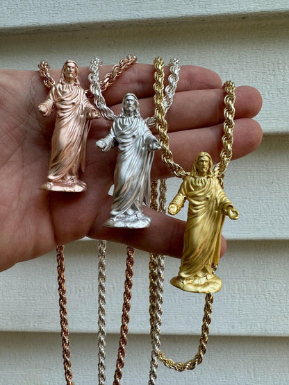 HarlemBling Heavy 3D Jesus Piece Real 925 Silver / 14k Yellow Rose Gold Pendant Necklace